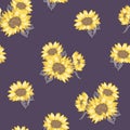 Vector Yellow Sunflower Bouquets on Purple seamless pattern background. Perfect for fabric, scrapbooking and wallpaper