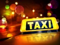 Vector yellow taxi sign on the car against the lights of the night city