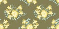Vector yellow and white flower bouquet with light blue leaves seamless pattern on brown background