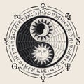 Yin yang symbol with sun, moon, runes and cobweb Royalty Free Stock Photo
