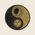 Yin yang symbol with sun, moon, stars and cobweb Royalty Free Stock Photo