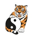 Vector yin yang symbol with tiger and chinese characters - `tai Chi Chuan`. Abstract occult and mystic sign.