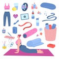 Vector yoga accessories and woman in upward facing dog asana pose set. Yoga mat, blocks, watter bottle, clothing and