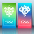 Vector yoga cards with girls in yoga poses, ethnic indian ornament and sample text on a gradient background