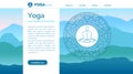 Vector yoga illustration with mountains landscape, yogi, ethnic pattern and sample text in blue colors