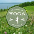 Vector yoga illustration. Name of yoga studio on a blurred nature background.