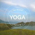 Vector yoga illustration. Name of yoga studio on a blurred sea background.