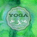 Vector yoga illustration. Name of yoga studio on a green watercolors background.