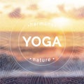 Vector yoga illustration. Name of yoga studio on a sunset background.
