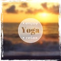 Vector yoga illustration. Name of yoga studio on a sunset background.