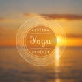 Vector yoga illustration. Name of yoga studio on a sunset background. Royalty Free Stock Photo