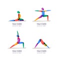 Vector yoga studio logo, emblem design template. Colorful female silhouette in different yoga poses, isolated icons set