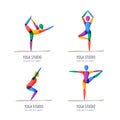 Vector yoga studio logo, emblem design template. Colorful female silhouette in different yoga asana, isolated icons set Royalty Free Stock Photo