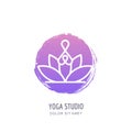 Vector yoga studio logo, emblem, label design template. Abstract human in lotus position on watercolor circle background Royalty Free Stock Photo