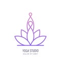 Vector yoga studio or school outline logo, emblem, label design template. Line human silhouette in lotus position.