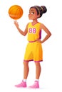 Vector young African basketball player girl spinning ball on finger. Royalty Free Stock Photo