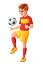 Vector young football or soccer player boy juggling with ball. Royalty Free Stock Photo