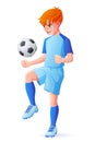 Vector young football or soccer player boy juggling with ball. Royalty Free Stock Photo