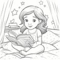 Vector young girl book reading lover. cartoon coloring book page for kids Royalty Free Stock Photo