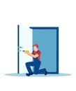 Vector of a handyman repairing apartment entrance door