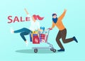 Vector of a young happy couple having fun shopping at discounted prices Royalty Free Stock Photo