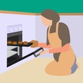 Vector of Young Islamic Housewife In Hijab And Apron Baking Muffins In Kitchen, Taking Tray With Hot Cupcakes Out Of Oven,