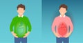 Vector of a young man with belly pain and gastrointestinal tract inflammation pain and a guy with healthy guts Royalty Free Stock Photo