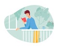 Vector young man enjoy reading standing on balcony