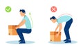 Vector of a young man lifting up a heavy box in a safe and unsafe way for his back