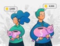 Vector young man and woman holding piggy banks Royalty Free Stock Photo