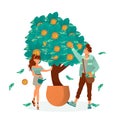 Vector of a young man and woman watering and picking cash from a money tree