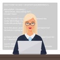 Vector young pretty beautiful blond lady black programmer sitting at the desktop and working on the laptop with code