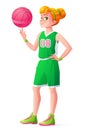 Vector young redhead basketball player girl spinning ball on finger. Royalty Free Stock Photo