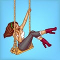 Vector pop art girl on swing with headphones