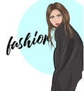 Vector young woman in coat. Fashion illustration. Stylish clothing outfit. Fashion look. Sketch Royalty Free Stock Photo