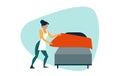 Vector of a young woman making the bed in the room