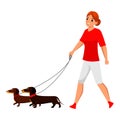 Vector young woman pet owner character walking with dog. Active doggy playing. Lady with canine animal on nature