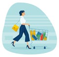 Vector of a young woman pushing supermarket shopping cart full of groceries Royalty Free Stock Photo