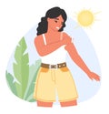 Vector young woman with sunburn problem under sun