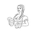 Vector young woman waiter in national dress with mugs beer. Symbol of holiday Oktoberfest. Isolated black white contour