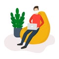 Vector of young working man on soft arm chair with laptop or computer in home.