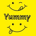 Vector yummy emoticon with tongue licking mouth isolated in yellow background Royalty Free Stock Photo