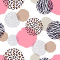Vector zebra and leopard seamless geometric pattern design with round elements. fashion animal print