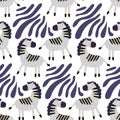 Vector zebra pattern with decorative stripes on a white background. The cartoon character on repeat looks in different
