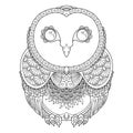 Vector zendoodle ornate owl illustration. Picture for coloring pages, printing and antistress books.