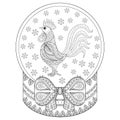 Vector zentangle Christmas snow globe with rooster, snowflakes.