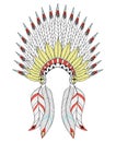 Vector zentangle War Bonnet with color feathers. American native