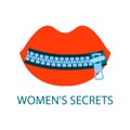 Vector zipper lock icon on top of the silhouette of scarlet full female lips. Text female secrets. Isolated white background, flat