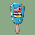 Vector Zombie ice cream with brain and red eyes isolated on green background. Halloween blue monster ice cream zombie