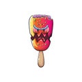 Vector Zombie ice cream with brain and red eyes isolated on white background. Halloween pink monster ice cream zombie